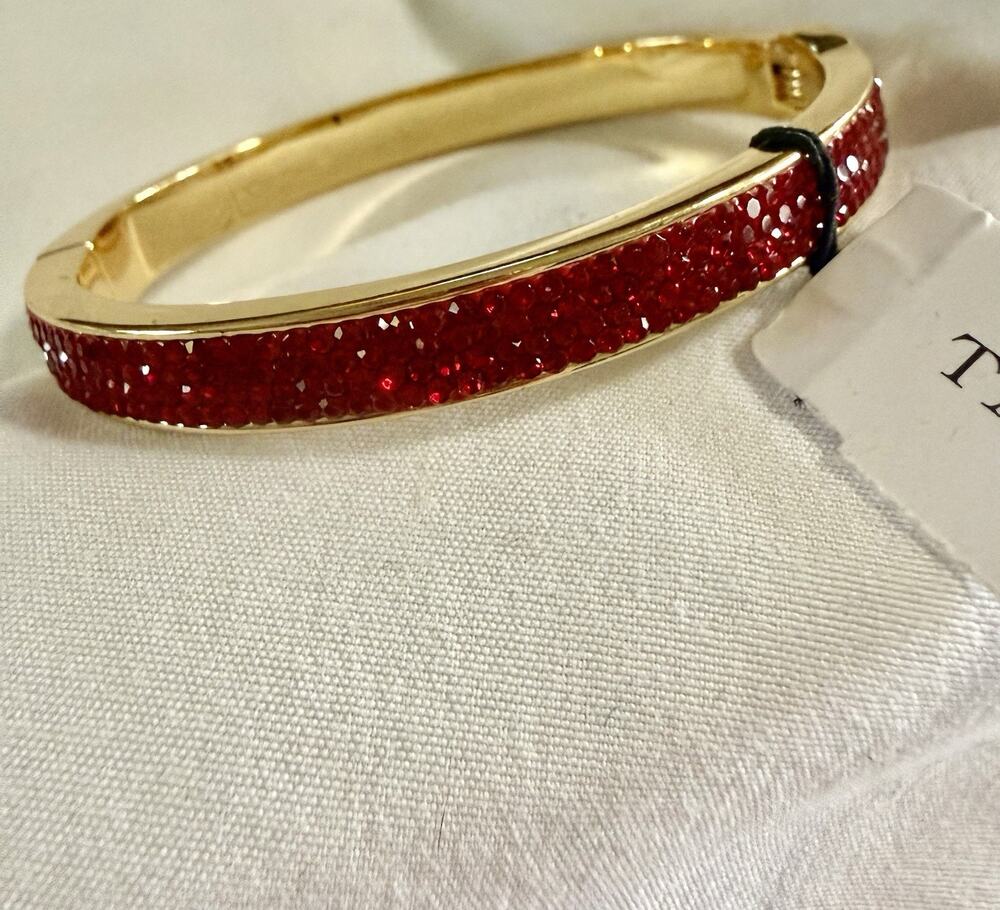 Talbots Gold Tone Hinged Bangle Bracelet Red Sparkle Rhinestone Sparkly